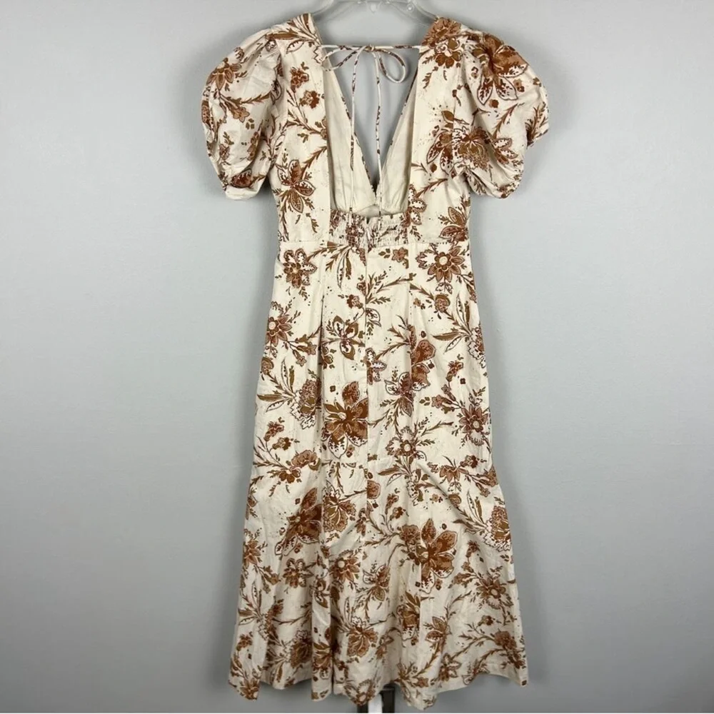 Abercrombie and Fitch Cream Floral Printed Poplin Puff Sleeve Midi Dress Small